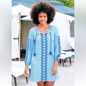 Cabana Life Blue Embroidered Tunic Dress UPF 50+ Tassel Tie Cover-Up Size S